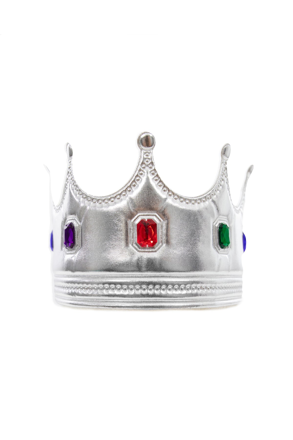 A silver crown-shaped ring featuring three colored gemstones set into the top: a red central stone, a green side stone, and a purple side stone, shown on a plain white background.
