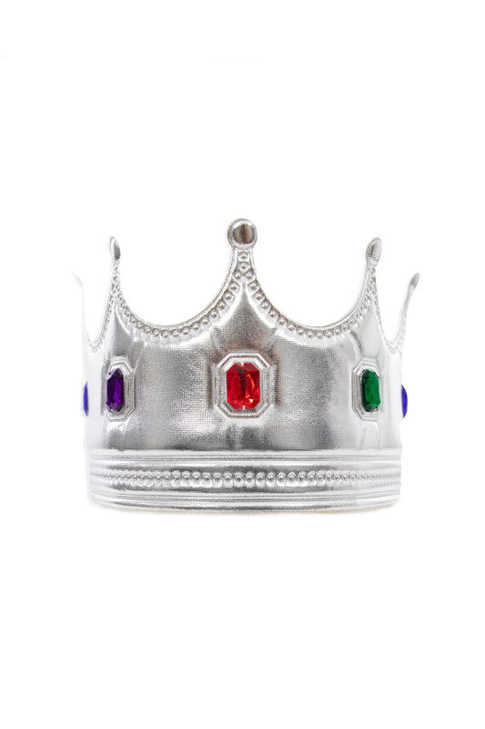 A silver crown-shaped ring featuring three colored gemstones set into the top: a red central stone, a green side stone, and a purple side stone, shown on a plain white background.
